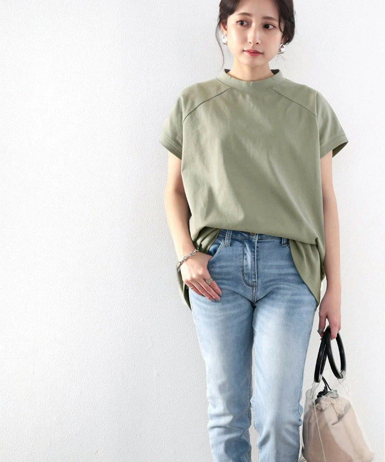 Women's Loose Fit Half Turtleneck Short Sleeve Cotton Top