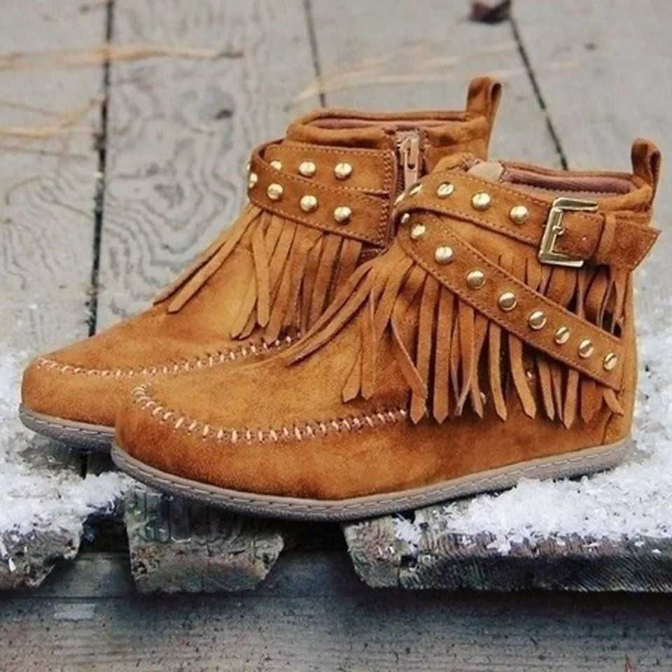 Winter Boots for Women - Retro Ankle Boots with Rivet Tassel and Flat