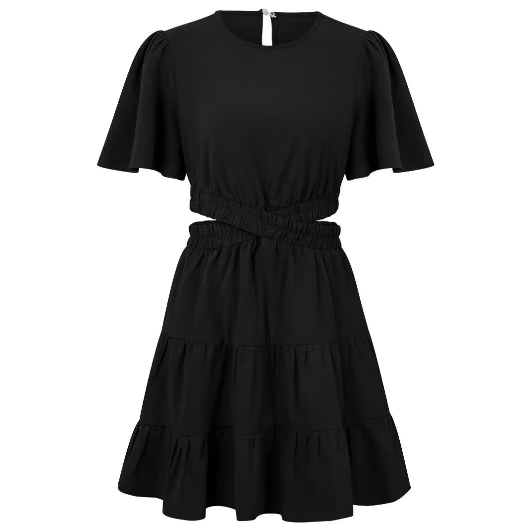 Summer Women's Round Neck Hollow-Out Short Sleeve Waist-Controlled Jumpsuit Skirt