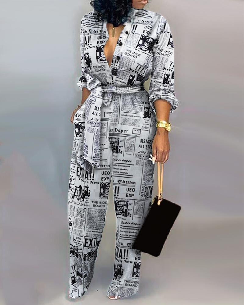 Elegant Cardigan Jumpsuit with Stitching and Print