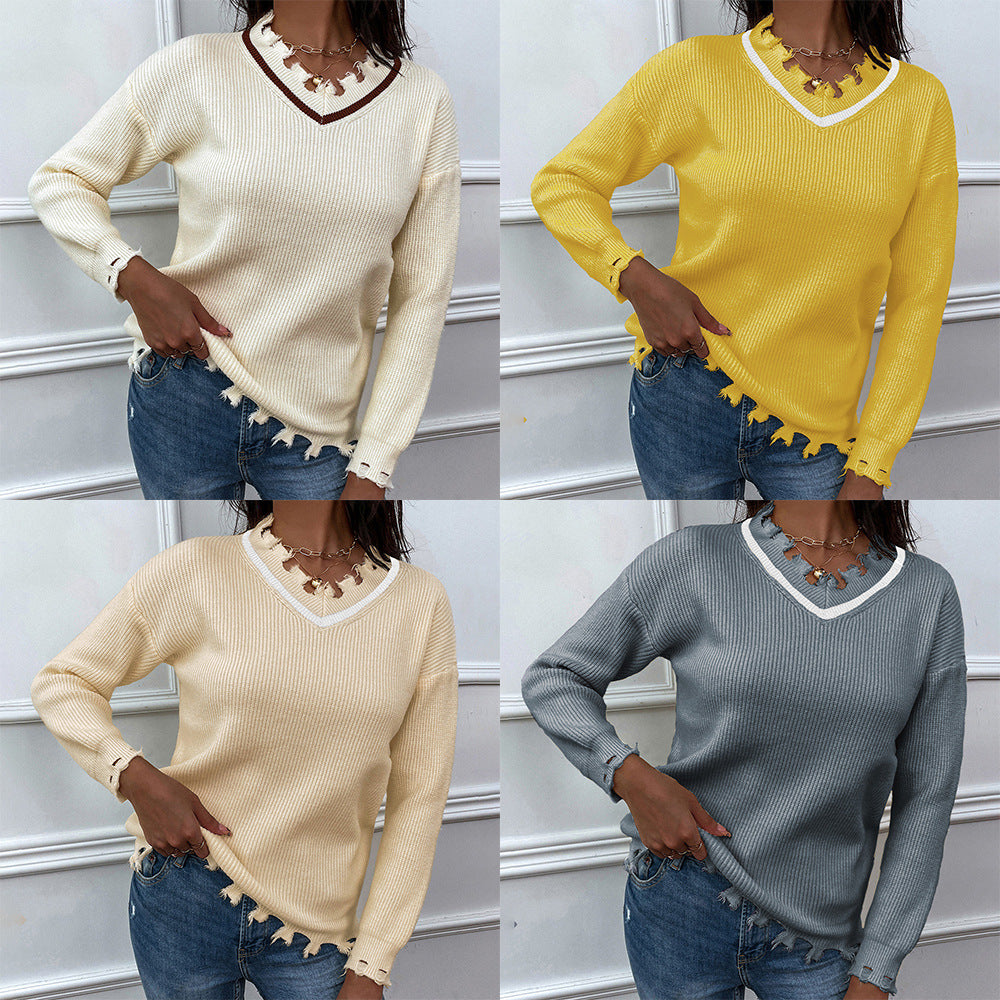 V-neck Solid Color Loose-fitting Women's Knitwear Sweater