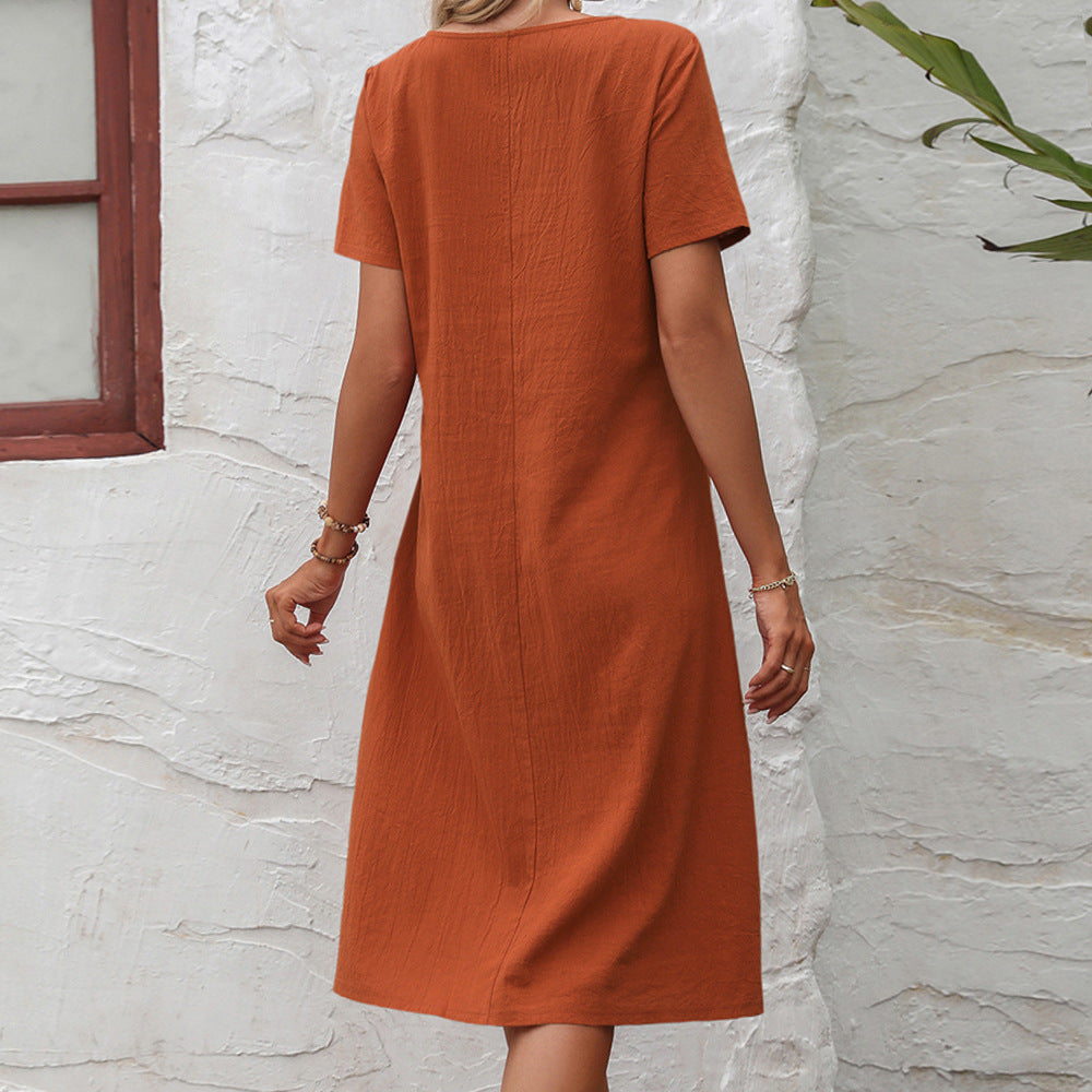 Womens cotton and linen solid color loose round neck short sleeve dress
