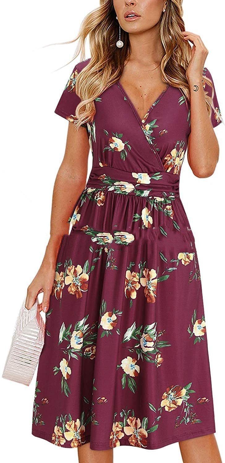 Printed V-neck Wrapped Chest Short Sleeve Pocket Midi Dress