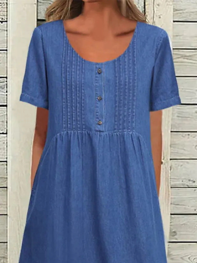 U-shaped Collar Mid-length Elegant Denim Short Sleeve Dress