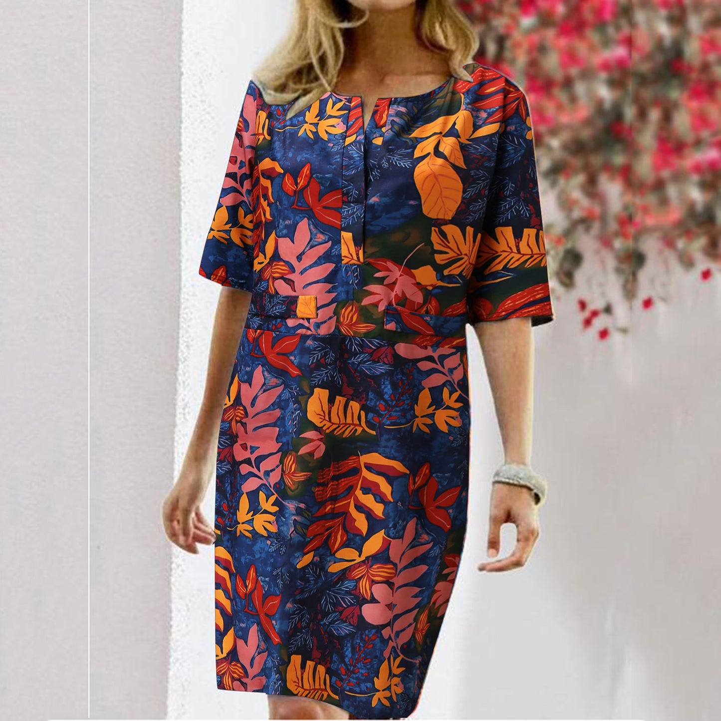 Vintage Summer Dress for Women with Floral Leaf Print, Slit, Round Neck, and Half Sleeves