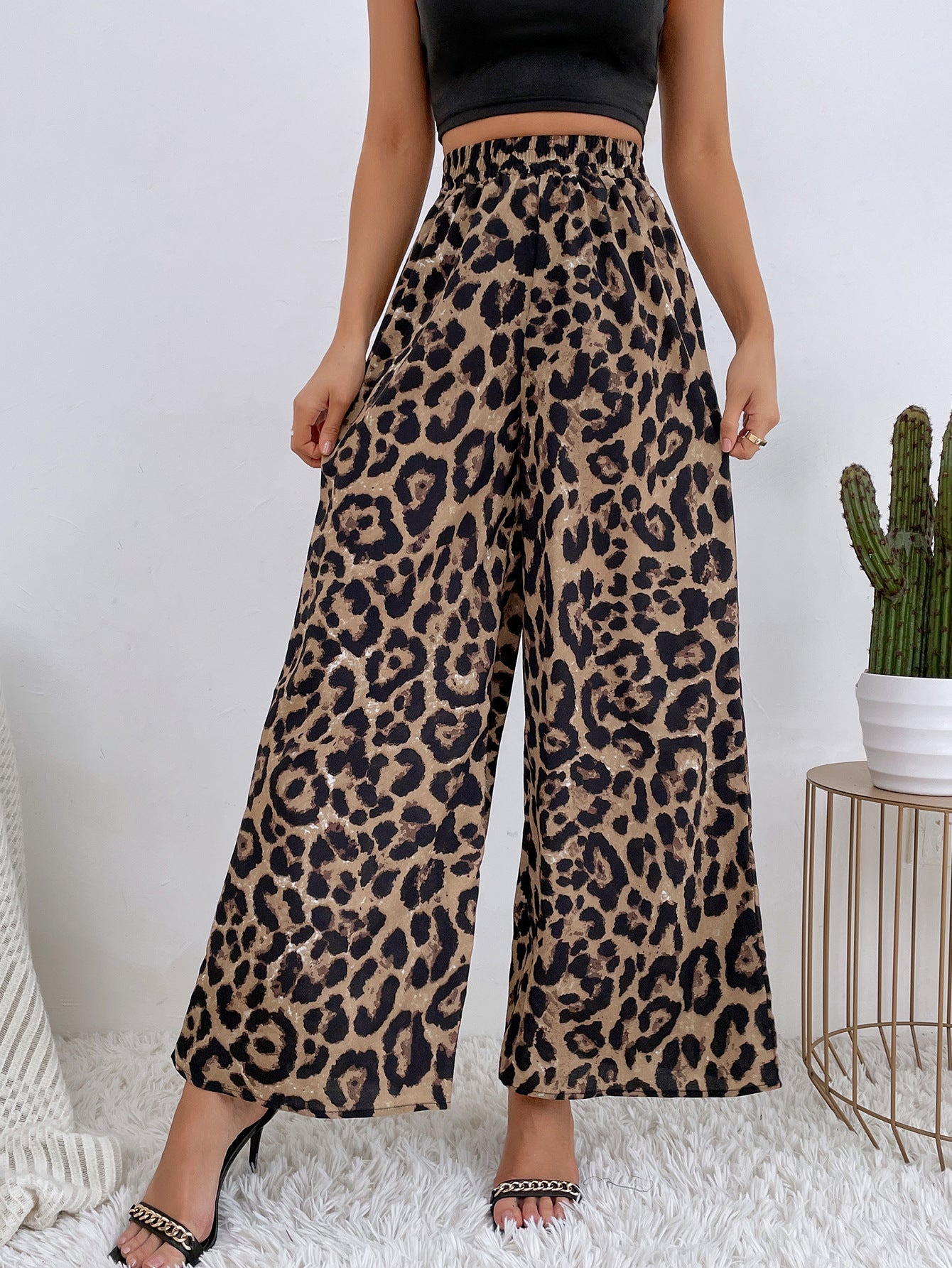 Women's Leopard Print Casual Elastic Waist Loose-fitting Wide-leg Trousers