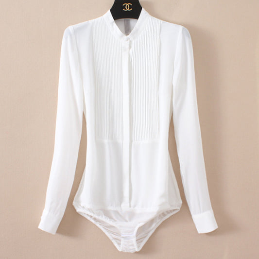 Stand Collar Organ Pleated Chiffon Shirt One-piece