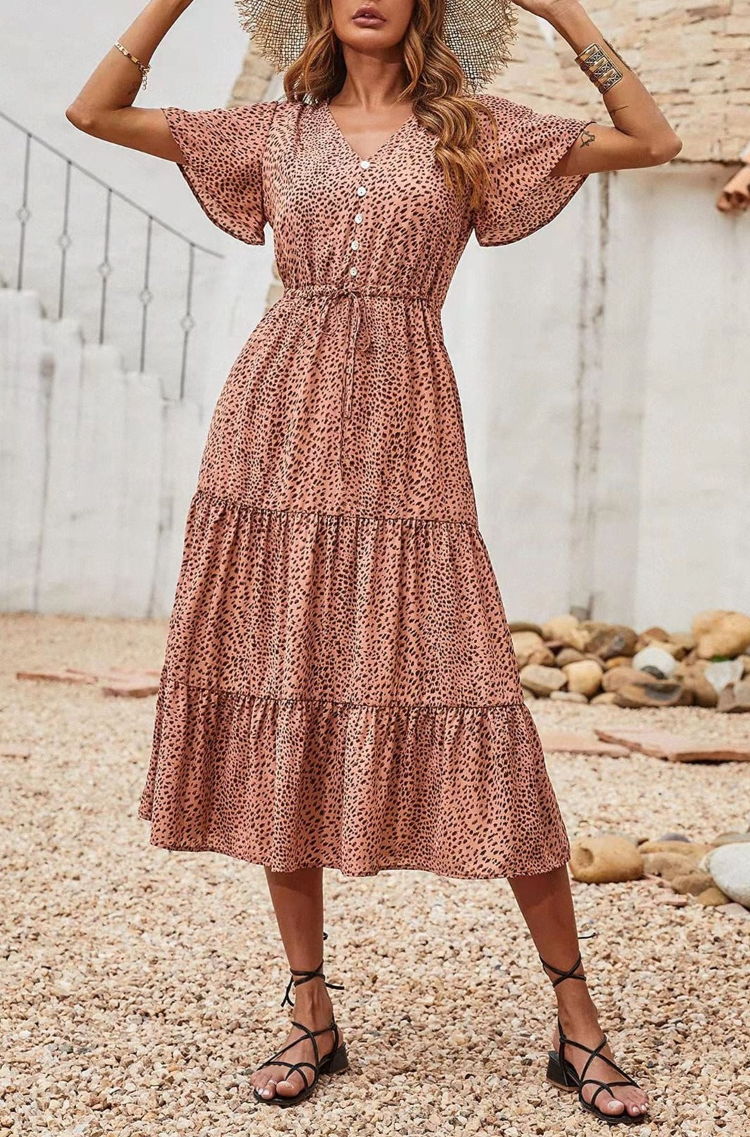 European And American Spring  Summer Vneck Print Dress