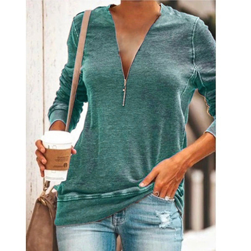 Large Size V-neck Zipper Long Sleeve T-shirt