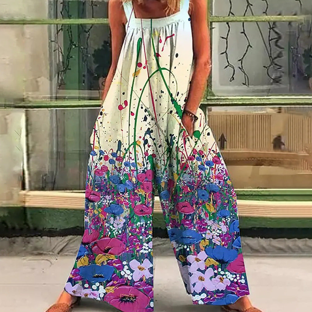 Women's Sleeveless Printed Sling Loose Casual Jumpsuit