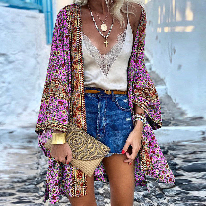 Loose Boho Printed Midi Cardigan for Women with Long Sleeves