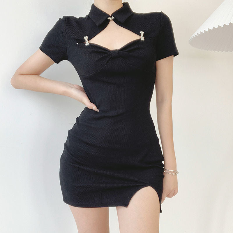 A Gust Of Neo-Chinese Wind Improved Cheongsam Slim Fit Slim And Sexy Hollow Bow Chest-shaped Hip Skirt