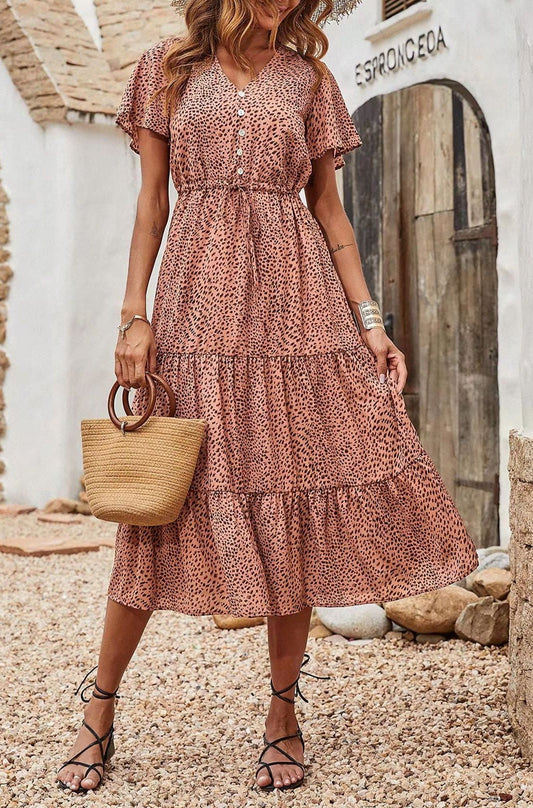 European And American Spring  Summer Vneck Print Dress