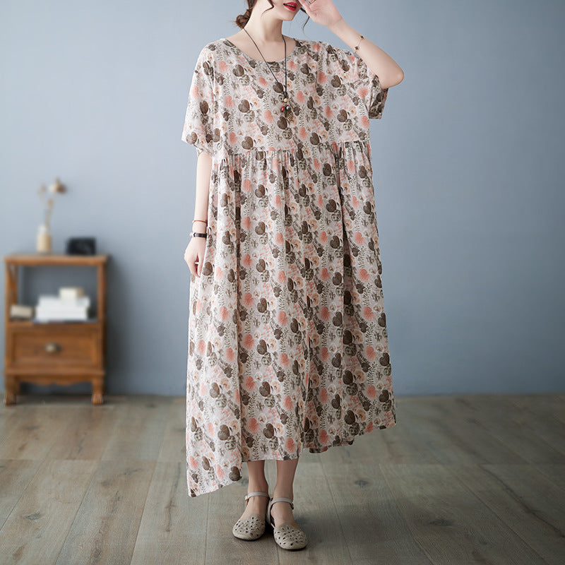 Literature And Art Cotton And Hemp Printing Fat MM Loose Round Neck Short Sleeve Dress For Women