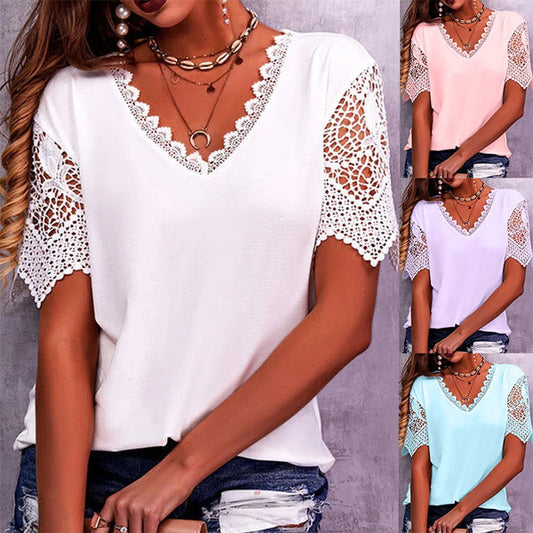 Lace Tops Women Summer Loose V Neck Short Sleeve Casual Shirts