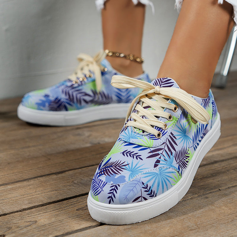 Women's Canvas Lace-Up Flats: Stylish Leaves Print Casual Sneakers