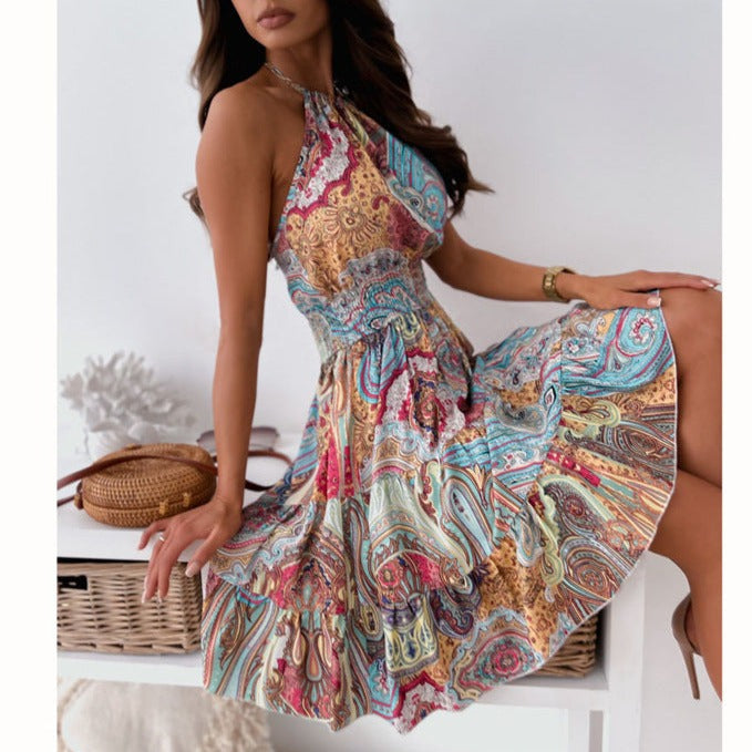 Floral Backless Dress Boho Pleated Skirt