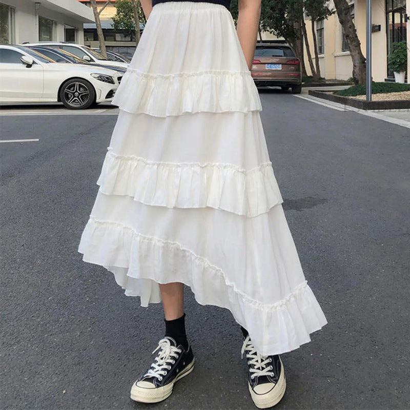 High Waist Layered Cake Skirt Irregular Short Front Long Back MIDI Long