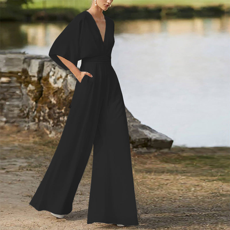 Deep V Jumpsuit Dress with High Waist and Wide Legs for Women