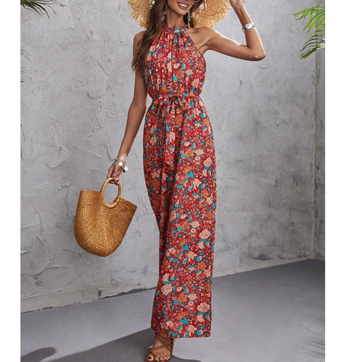 Women's Fashion Casual Hanging Neck Sleeveless Waist Wide-Legged Jumpsuit