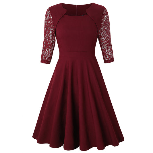 Slim Lace Dress with Three-Quarter Sleeves and Floral Pattern