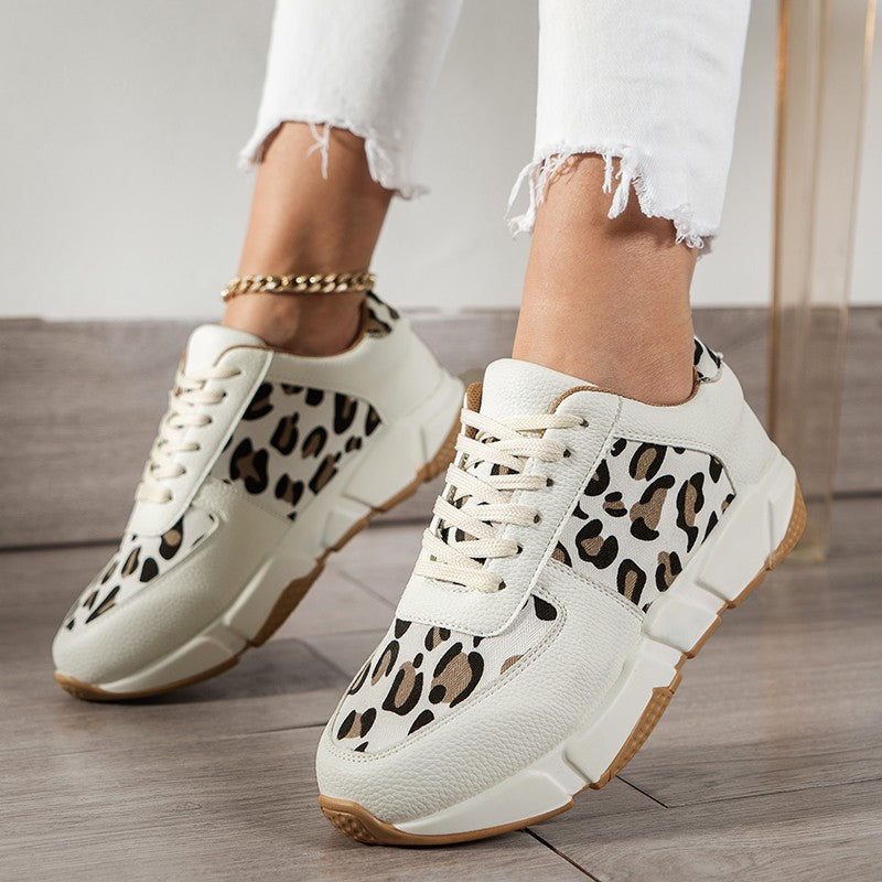 Leopard-Print White Women's Sports Sneakers for Running