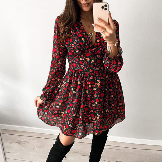 Spring And Summer Red Small Floral Women's Dress