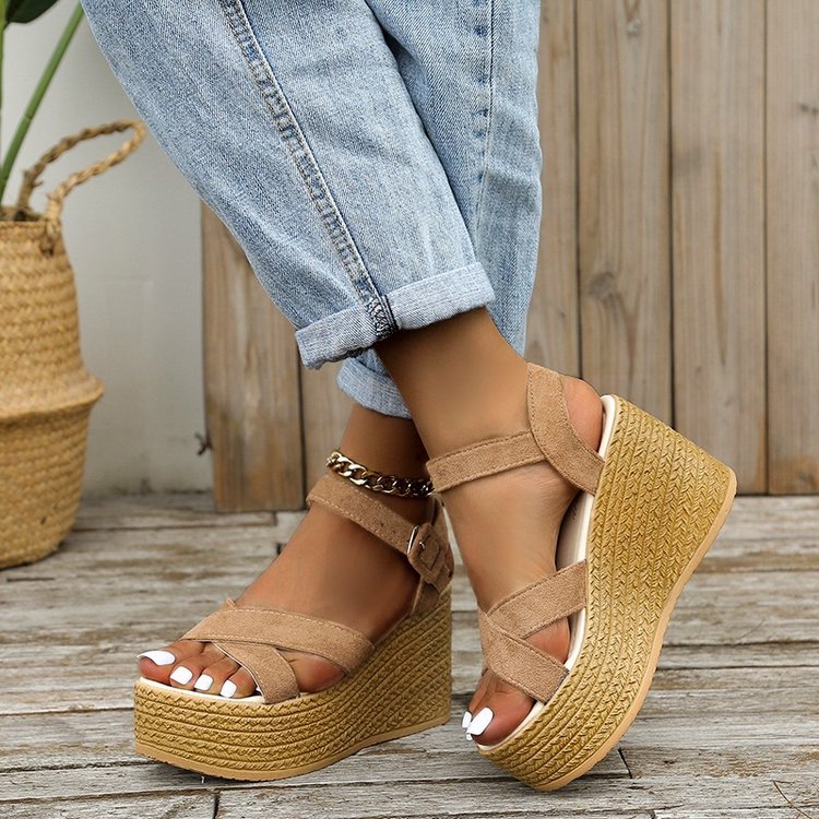 Summer Casual Non-Slip Wedge Sandals for Women: Cross-Strap Platform Shoes with Hemp Heels