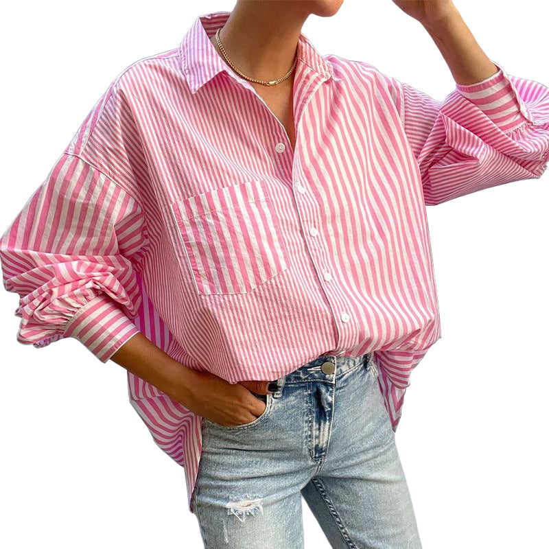 Women's Clothing Fashion Temperament Lapel Loose Long Sleeve Striped Shirt