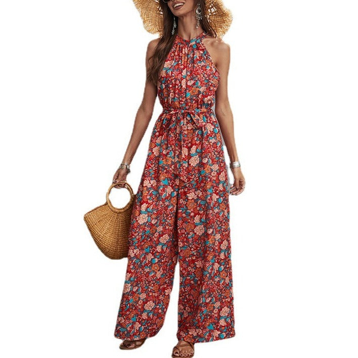 Women's Fashion Casual Hanging Neck Sleeveless Waist Wide-Legged Jumpsuit