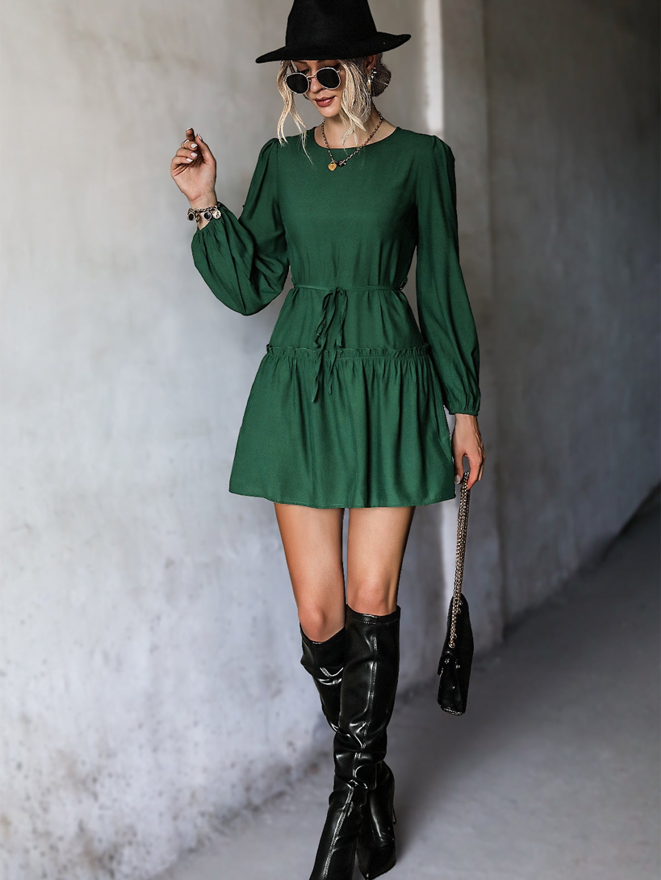 Ruffled Tied Long Sleeves Dress