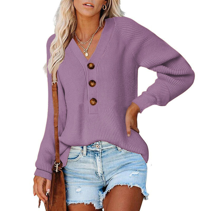 New Button New Knitted V-neck Sweater Women