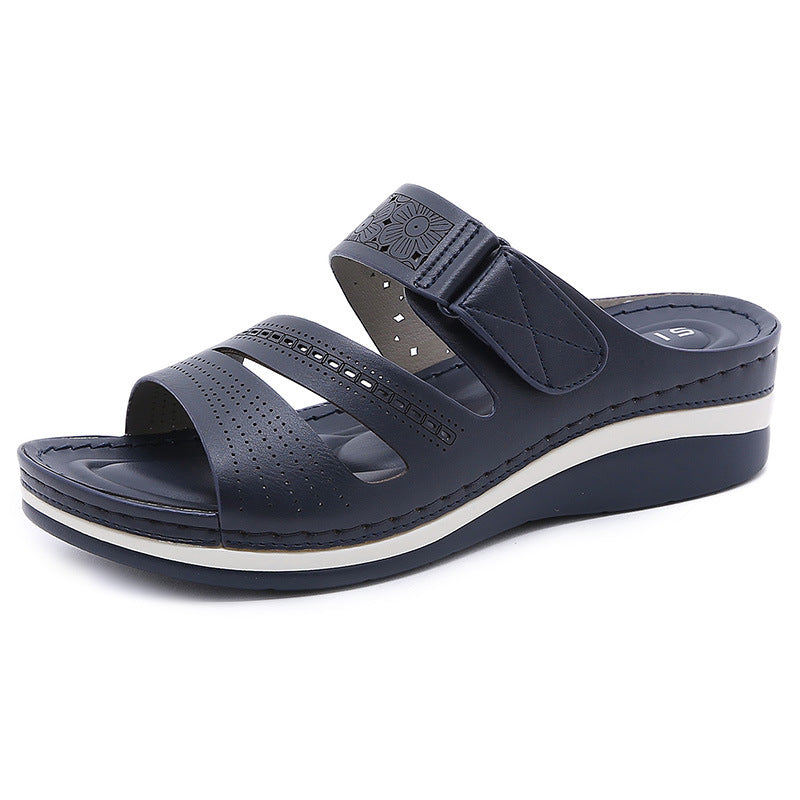 Casual Roman Slippers: Hollow Wedge Platform Shoes with Velcro and Solid Color