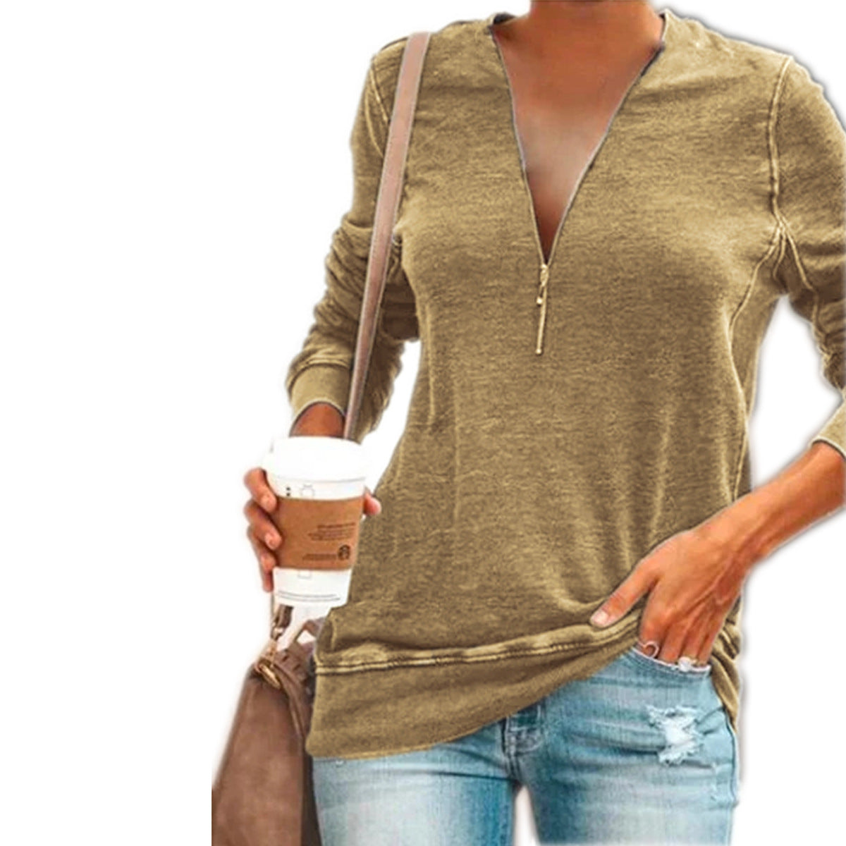 Large Size V-neck Zipper Long Sleeve T-shirt