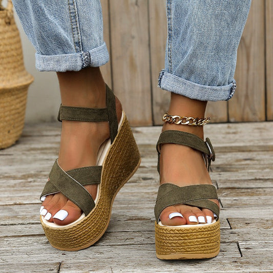 Summer Casual Non-Slip Wedge Sandals for Women: Cross-Strap Platform Shoes with Hemp Heels