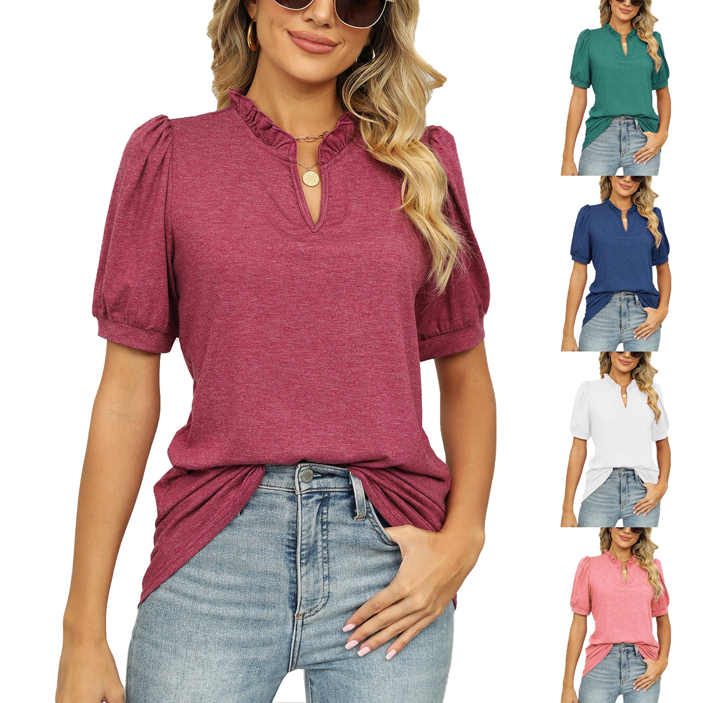 V-neck Shrink Pleated Short Sleeve Loose T-shirt Top For Women