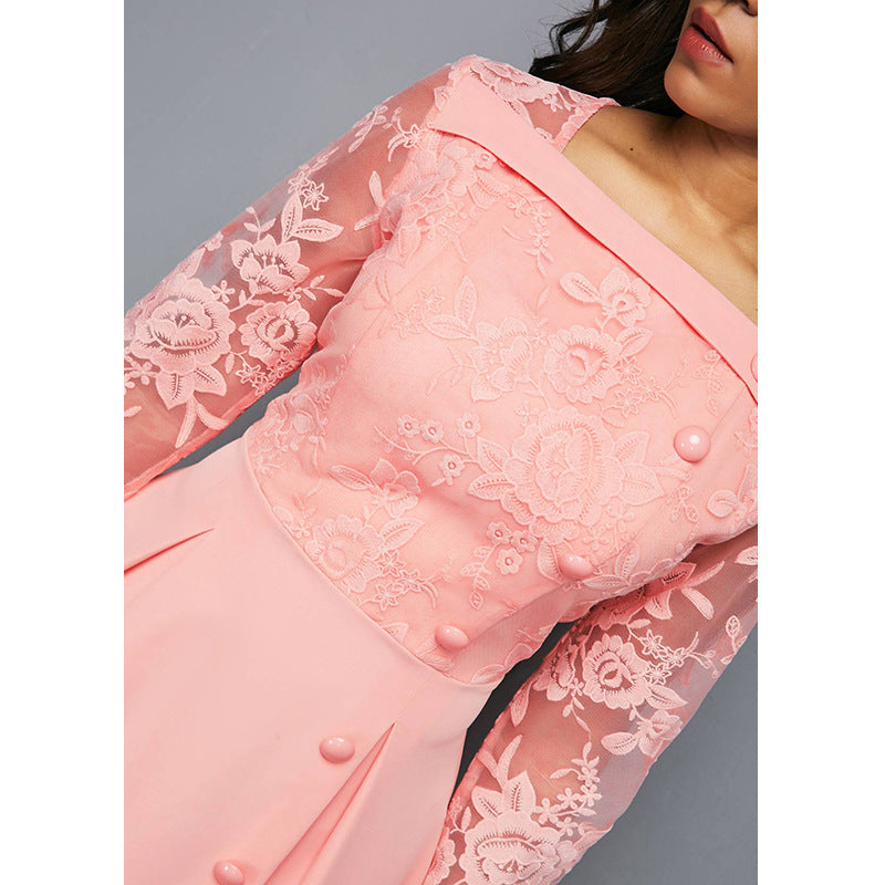 Fashionable Round Neck Lace Women's Dress High Waist Long Sleeves Printed Mid-length Dress