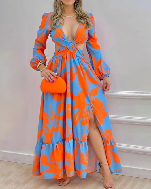 Summer New Half Turtleneck Dress Mid Waist Strap Type Retro Colored Printing Long Dress