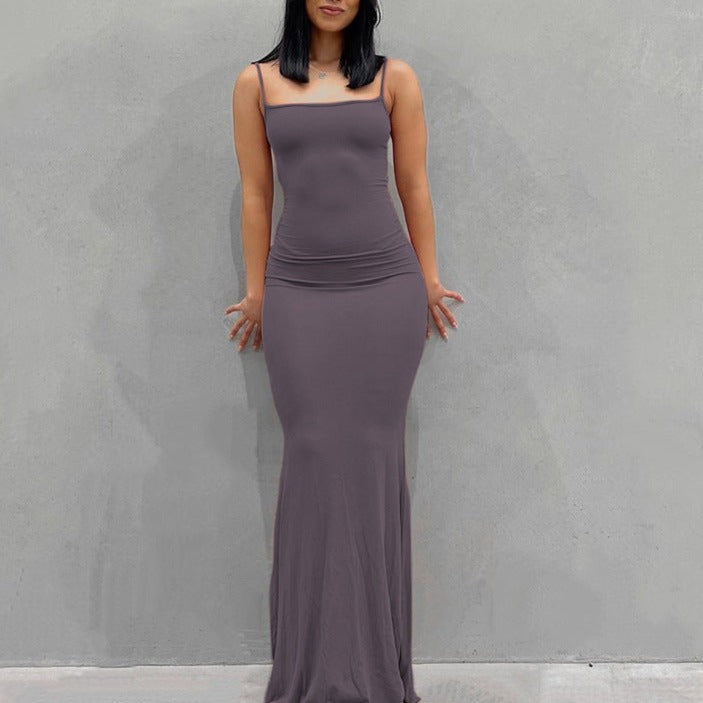 New Fashion Solid Color Sleeveless Sling Long Dress