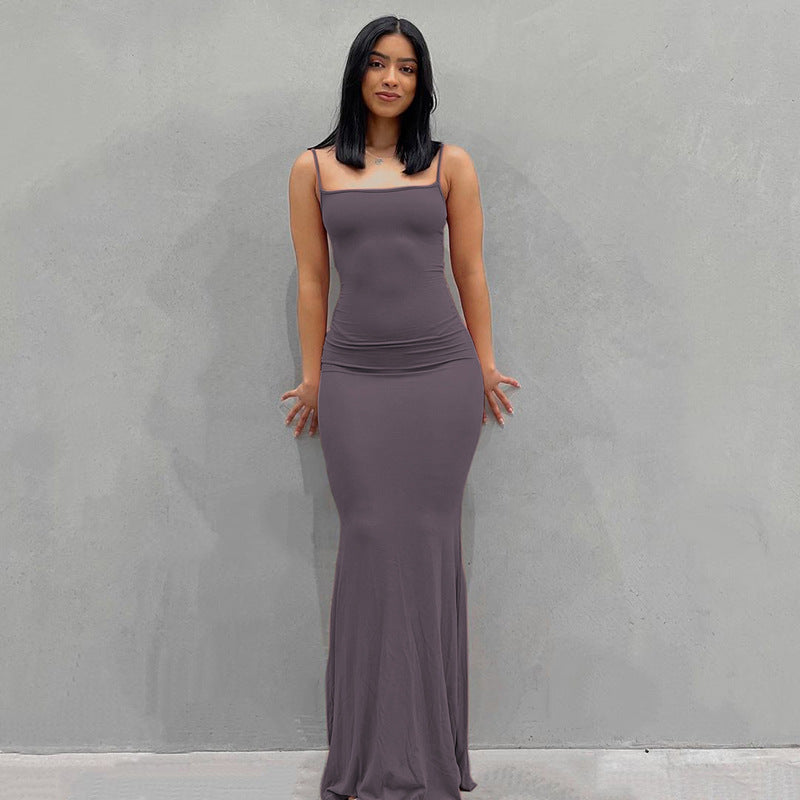 New Fashion Solid Color Sleeveless Sling Long Dress