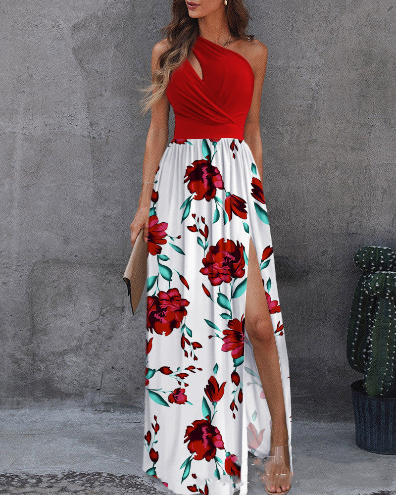 Sexy Solid Color One-shoulder Hollow Halter Neck High-waist Split Long Dress