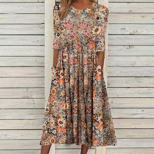 Loose Long Dress for Women with Printed Design and Convenient Pockets