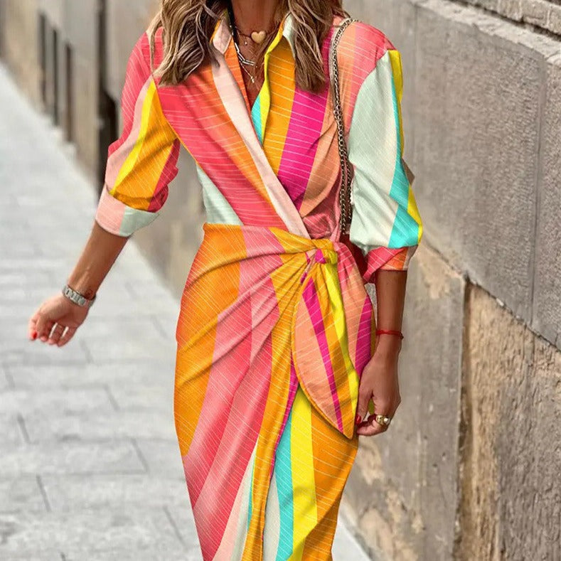 Mid-Length Striped Dress with Printed Shirt Collar and Lace-Up Design