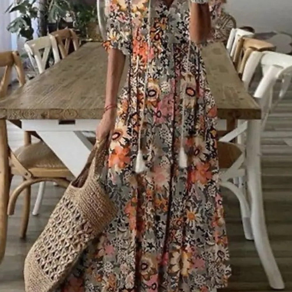 Women's Long Dress with Medium-Length Sleeves and Printed Design