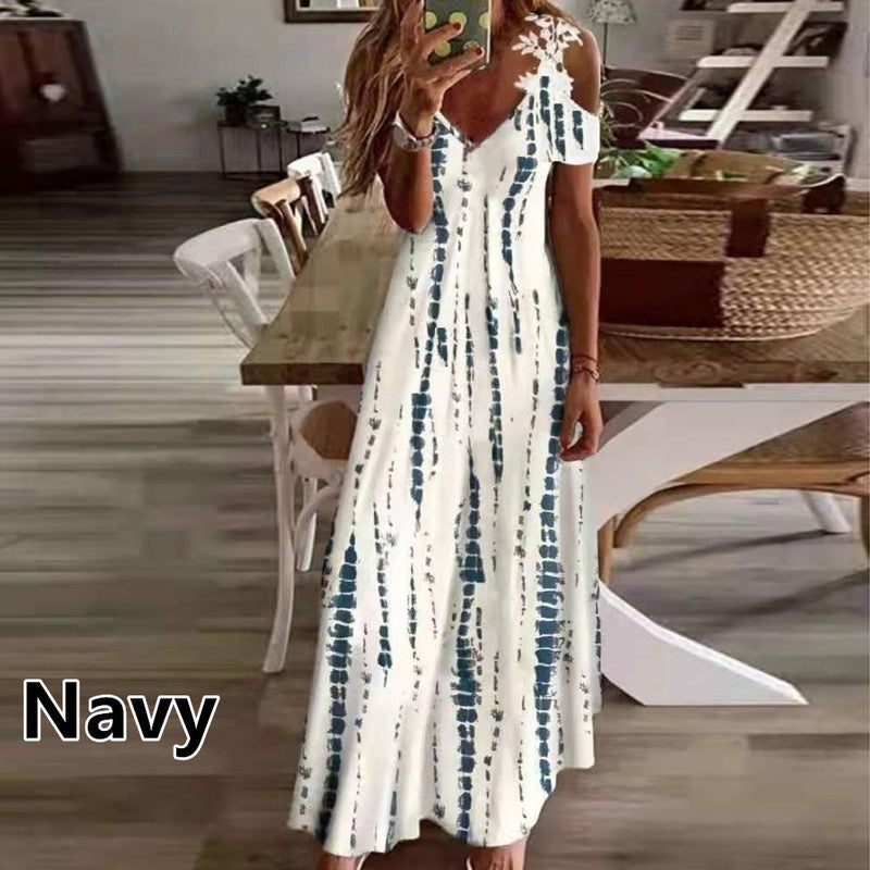 Women's Summer New Lace Sling V-neck Fashion Printed Loose Dress