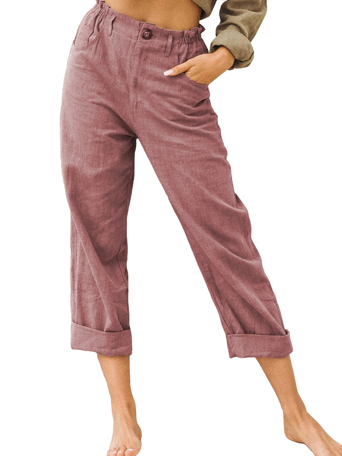 Women's Cotton Linen Patchwork Pants with Drawstring Waist and Loose Casual Fit