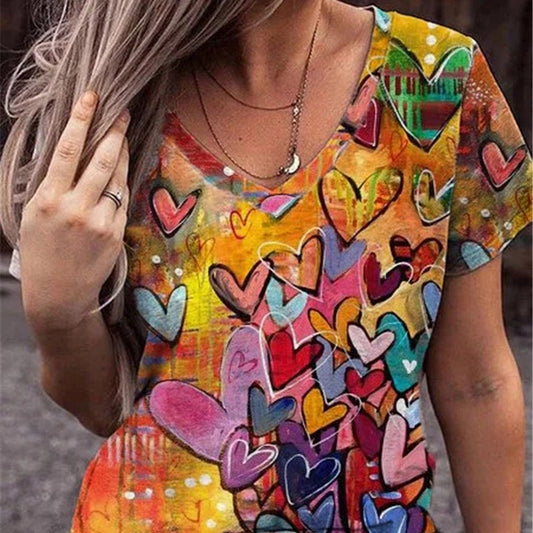 Personalized Printed V-neck Short Sleeved Loose Fitting