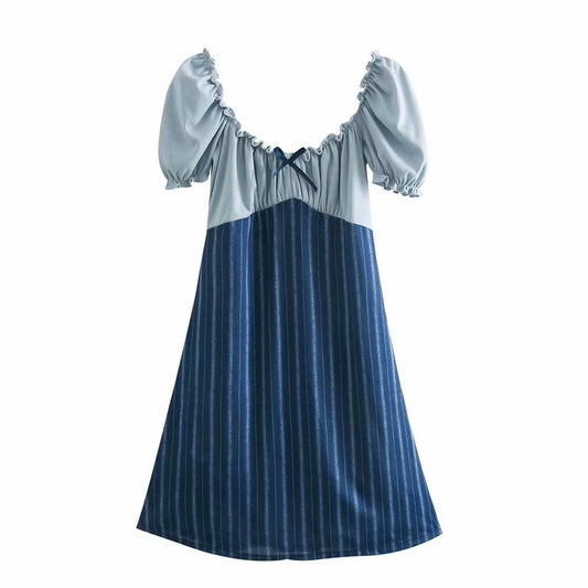 Temperament Dress with French Puff Sleeves and Square Neck, Featuring Stripe Stitching