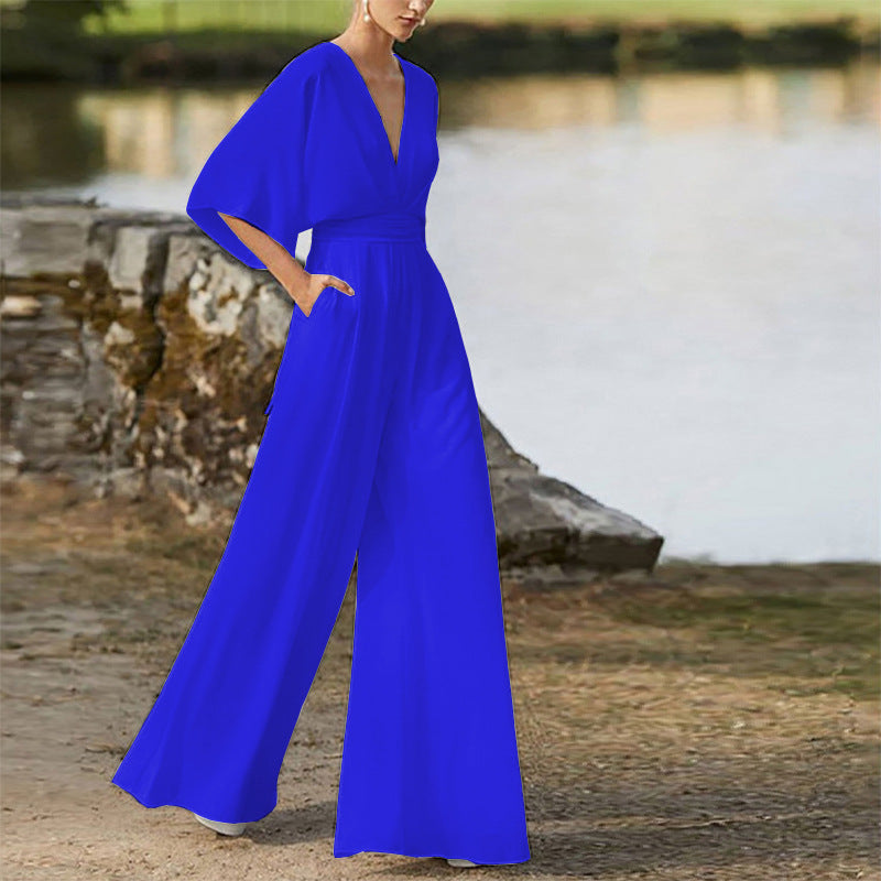 Deep V Jumpsuit Dress with High Waist and Wide Legs for Women