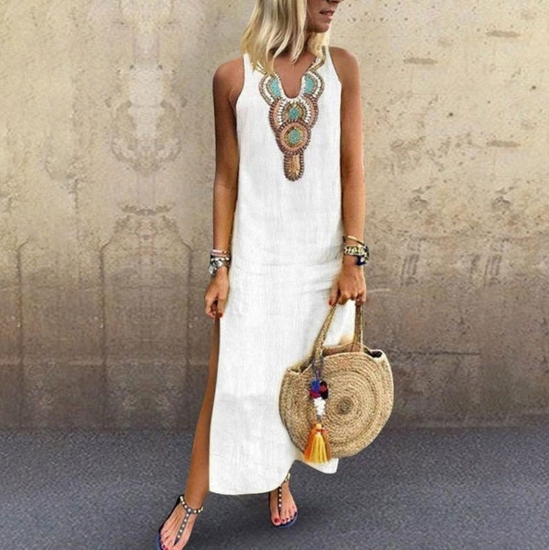 Cotton and Linen Split Dress with a V-Neck